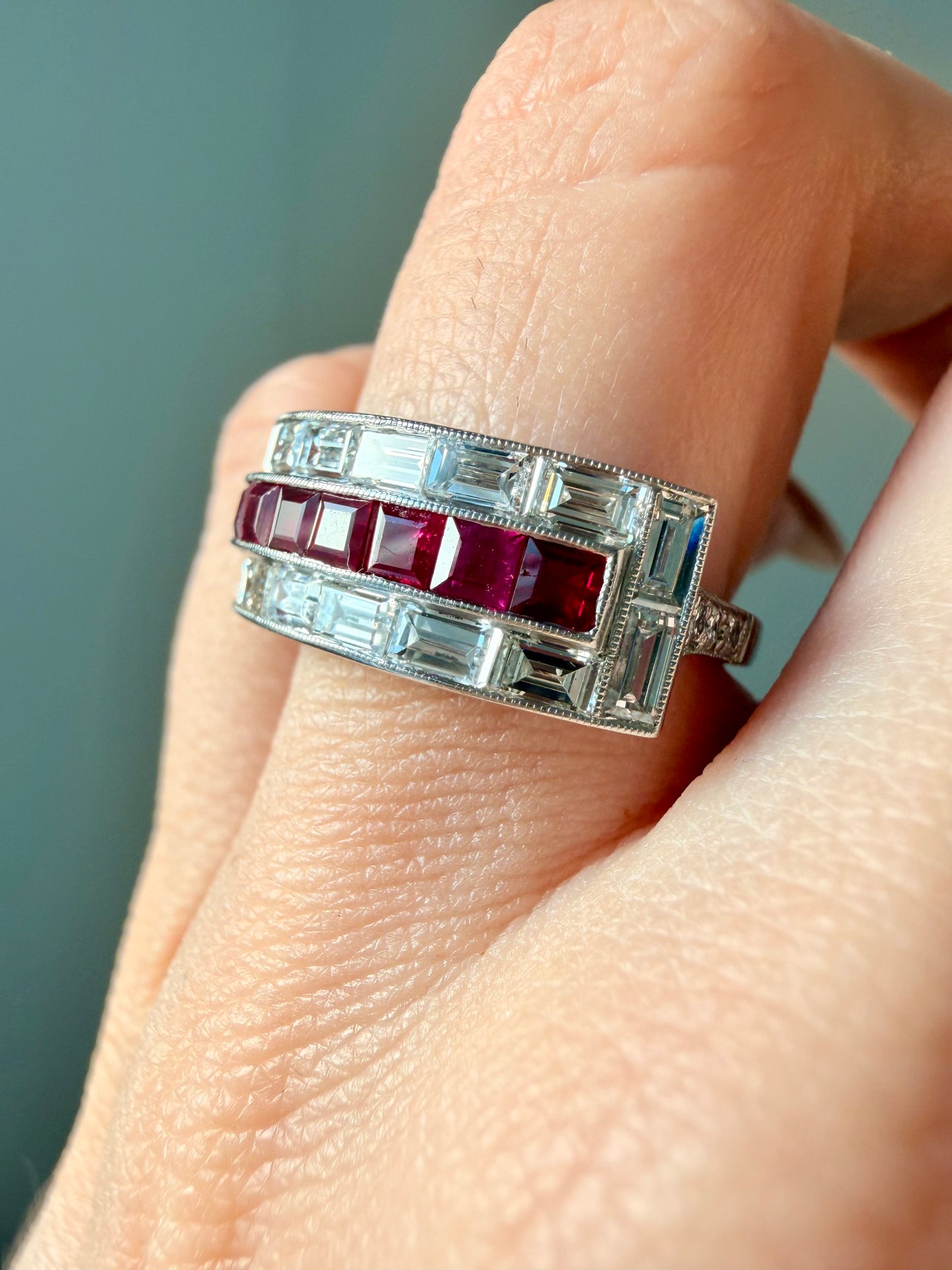 Vintage platinum approx 1.7 ctw baguette diamond and 1.1 ctw ruby ring, size 6.5