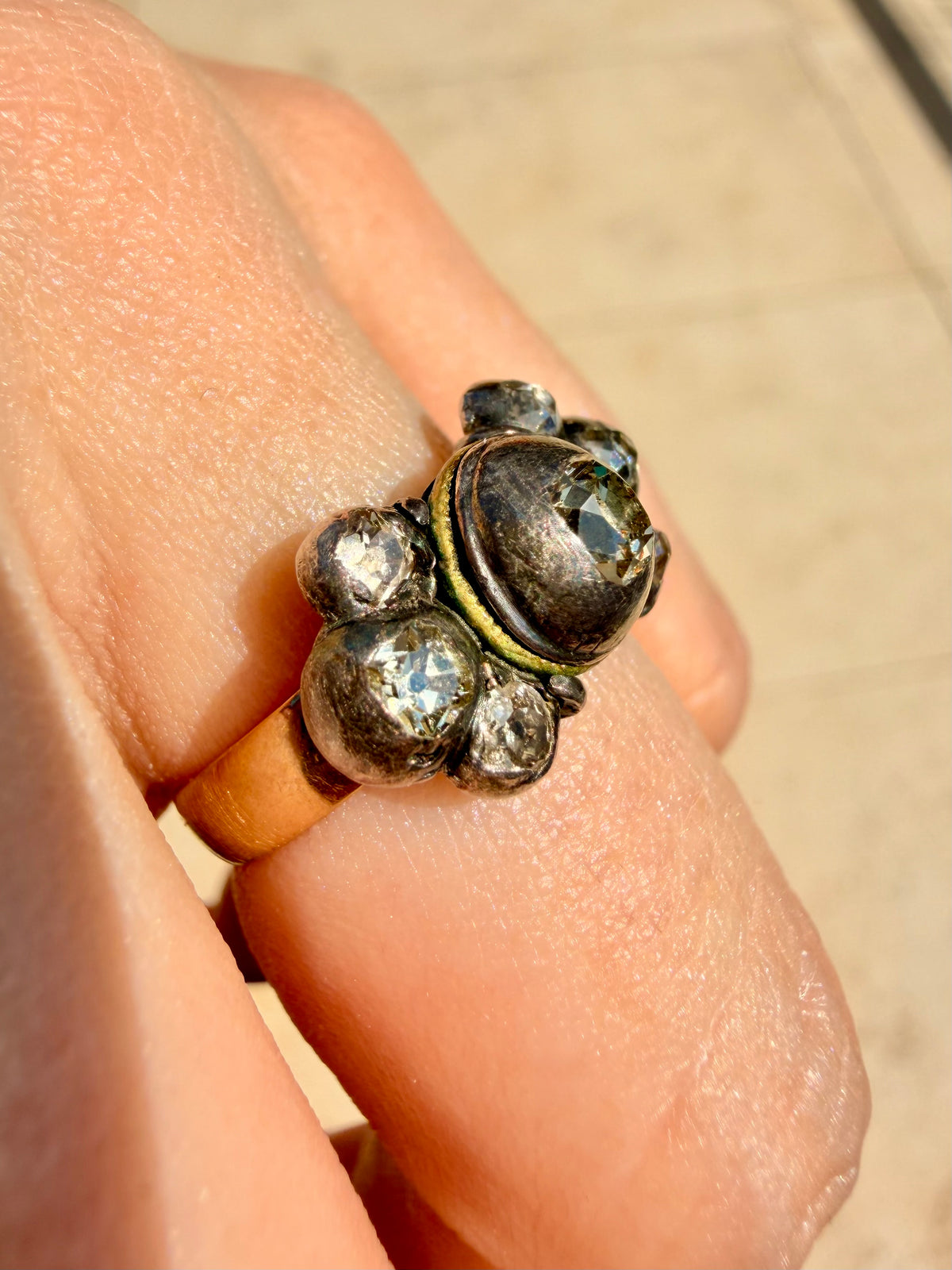 Antique early 1800s 14K and silver table cut and old cut diamond ring, size 5.25