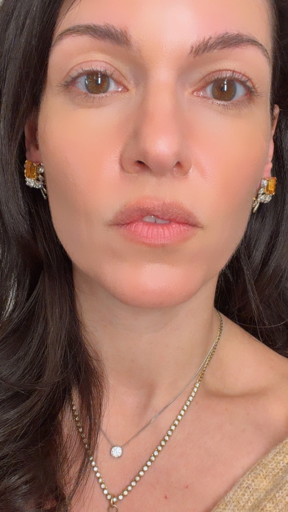 Antique Platinum and yellow 18K approx 10 ctw citrine and 1.2 ctw old mine cut diamond and rose cut diamond omega back earrings