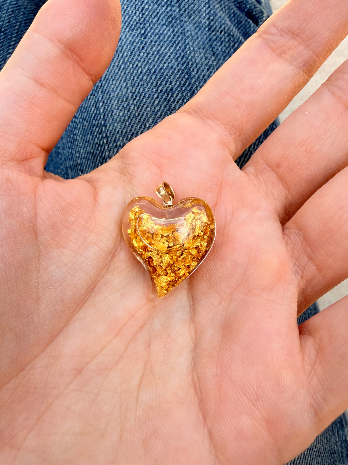 Vintage 14K pure gold flakes in oil heart pendant