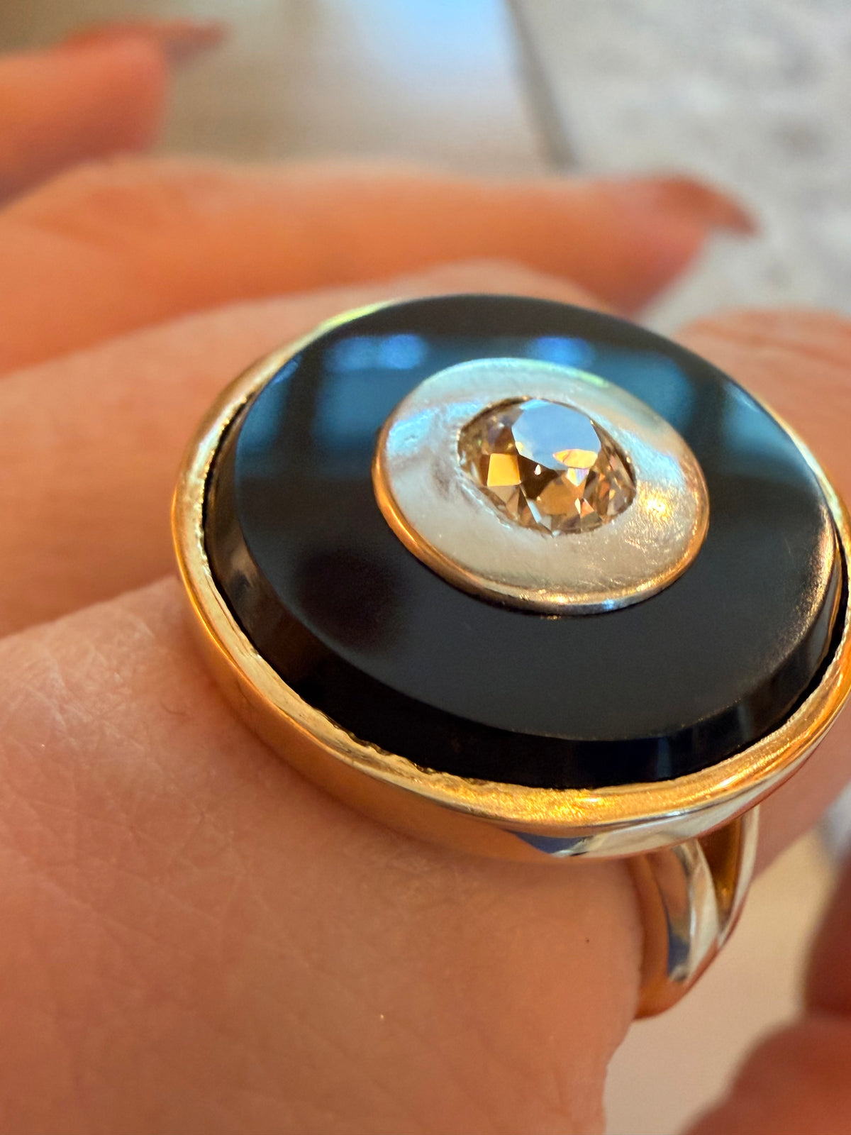 Vintage 18K onyx target ring with .5 ctw old mine cut diamond, size 7.25-7.5
