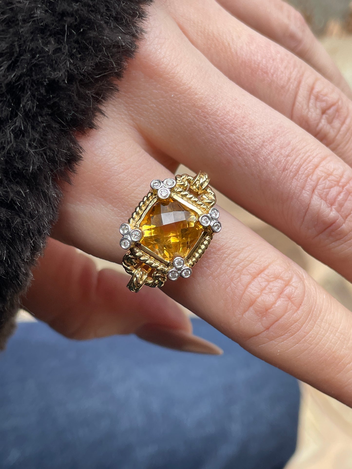 Vintage yellow 14K 1.8 ctw citrine and .12 ctw diamond ring, size 7