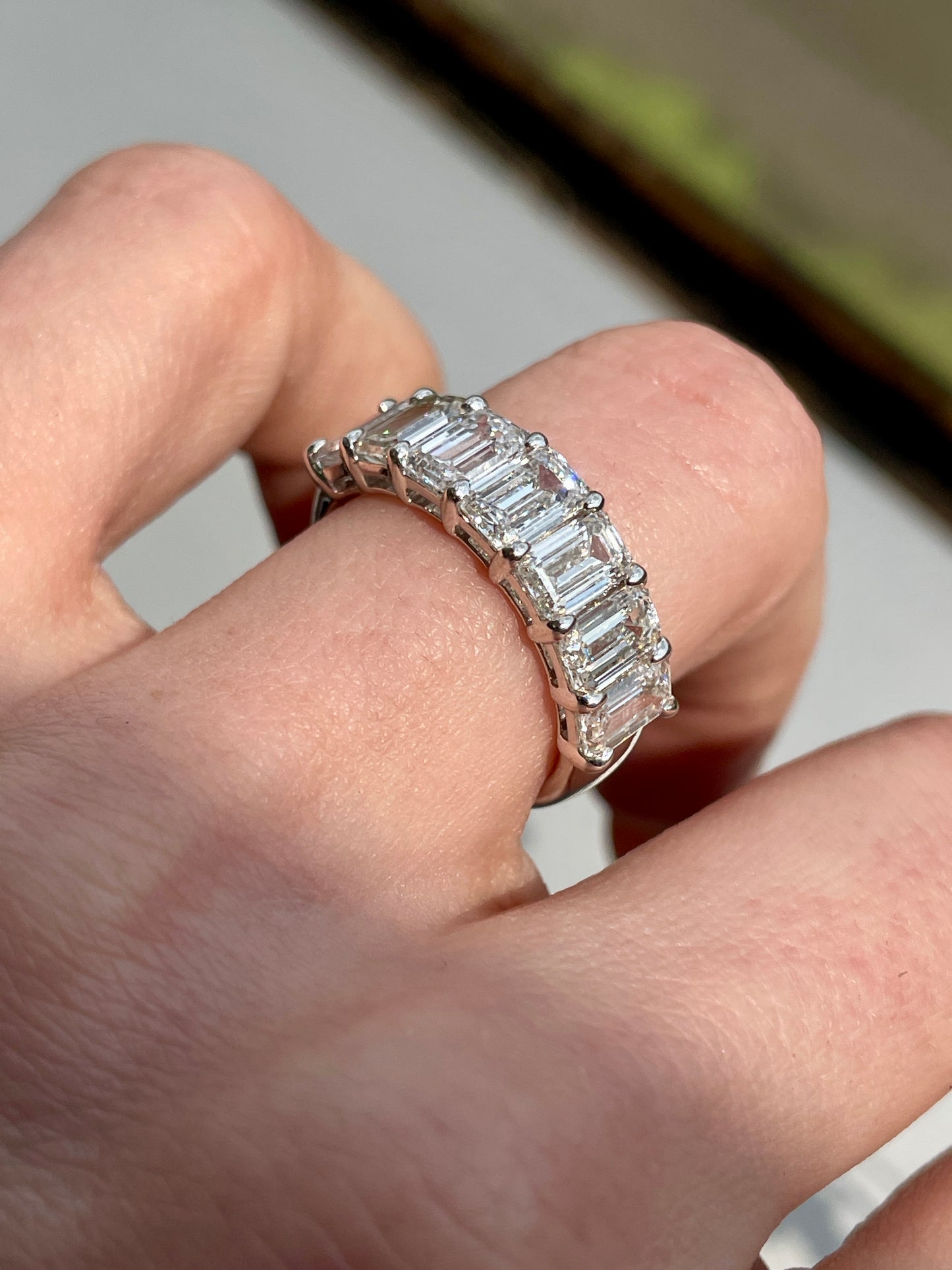 [PRIVATE] White 18K gold approx 3.69ctw emerald cut 7-stone diamond ring, size 6.5