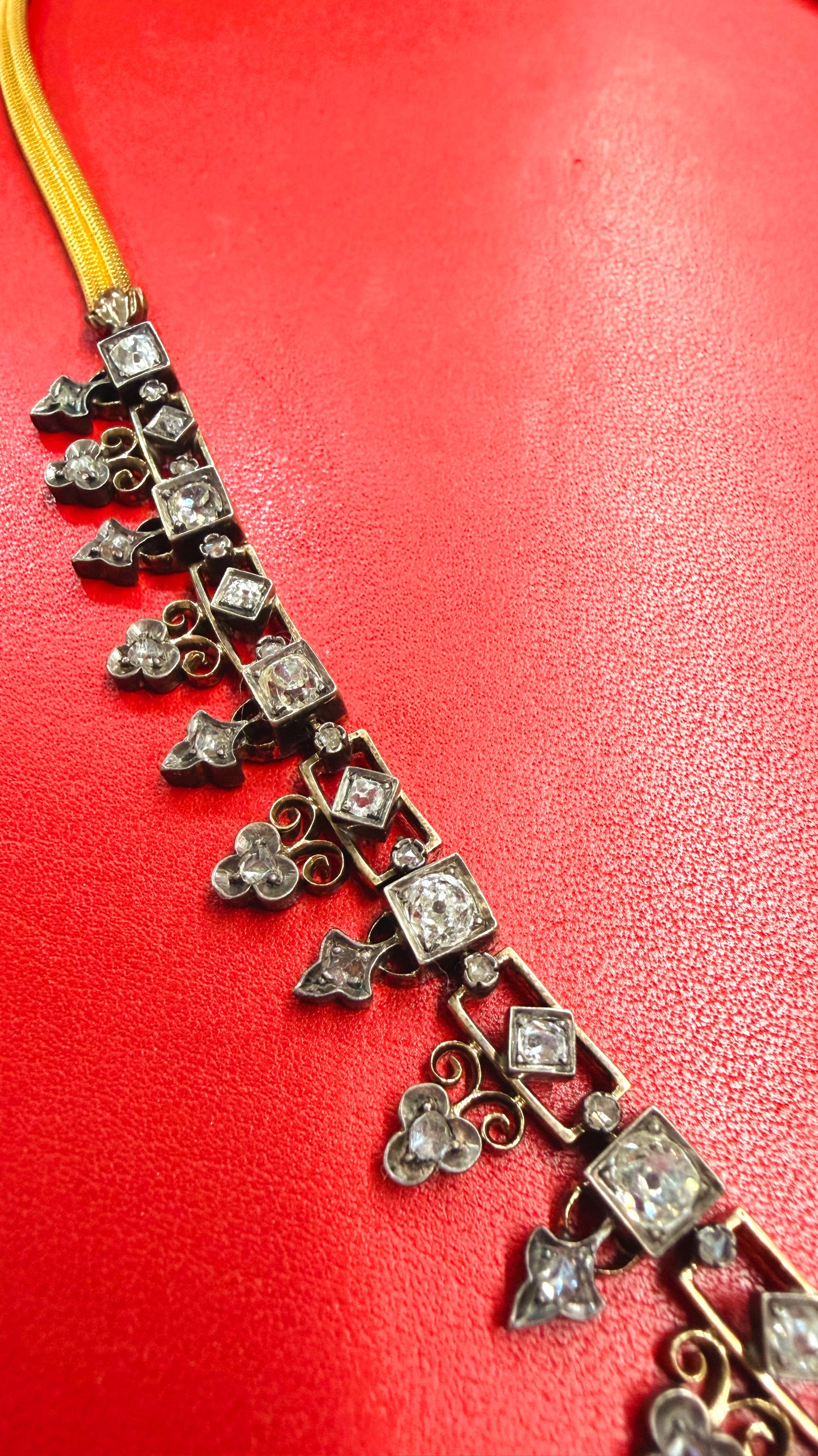 Antique 21K gold and silver topped over 7ctw Old Mine Cut diamond, rose cut diamond and pearl fringe chain, 16 and 7/8 inch