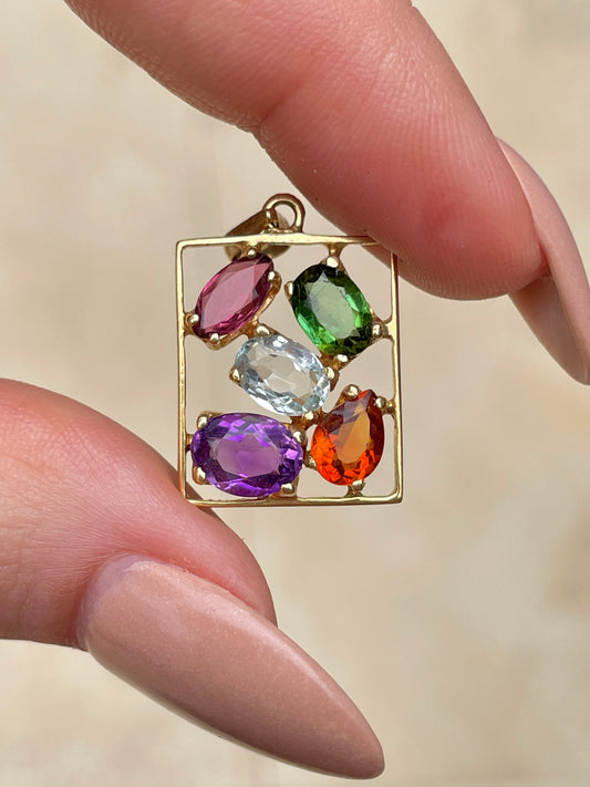Vintage yellow 18K multi gemstone openwork pendant