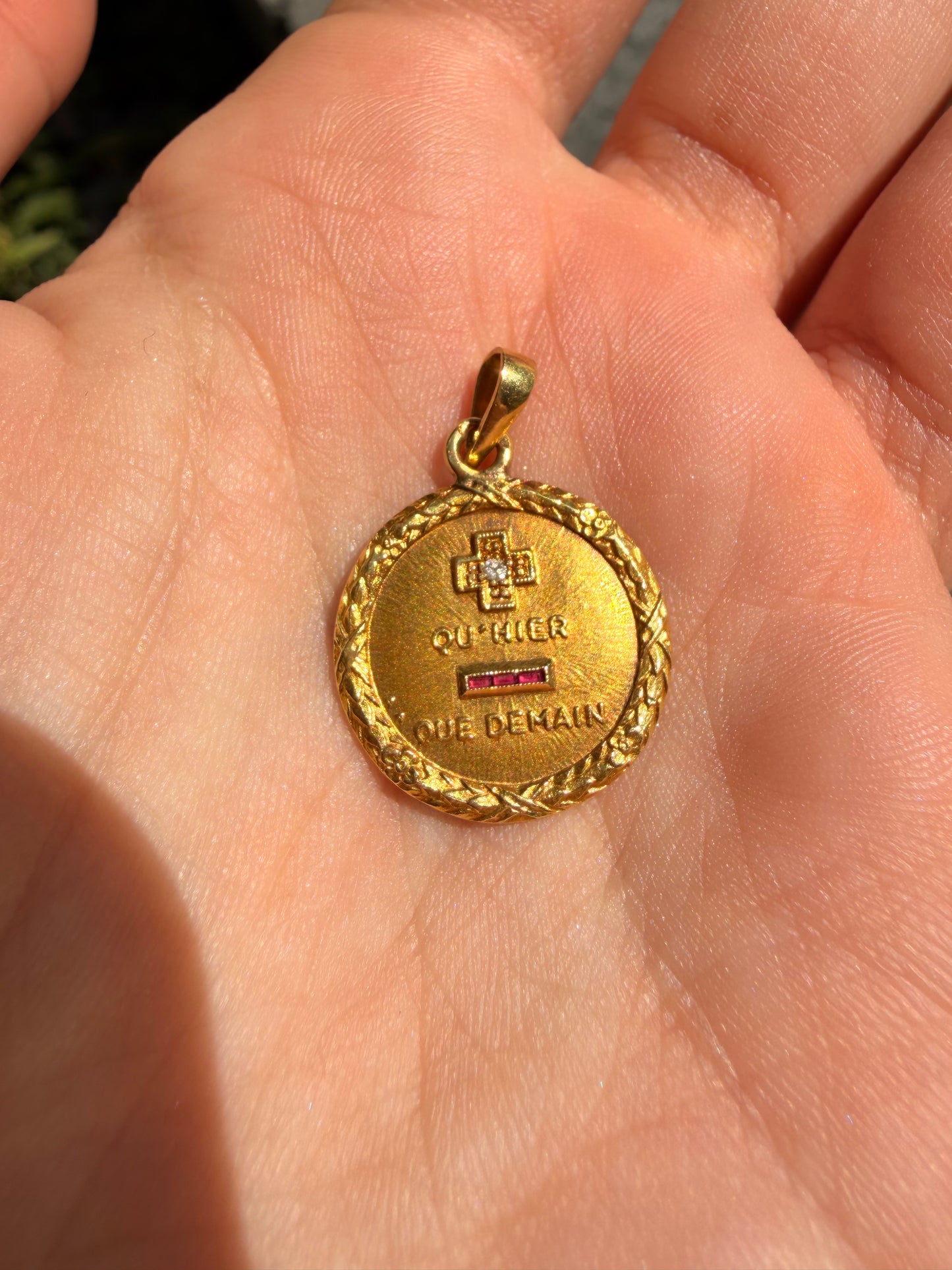 Vintage yellow 18K gold Augis 'Qu'hier Que Demain' love token with diamond and ruby pendant