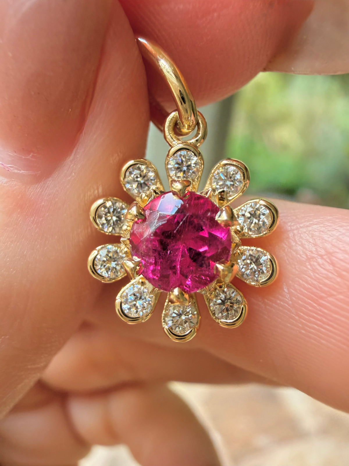 3GOG Natural Rubellite Tourmaline and Diamond Flower Pendant 18K - Oct 2026 drop