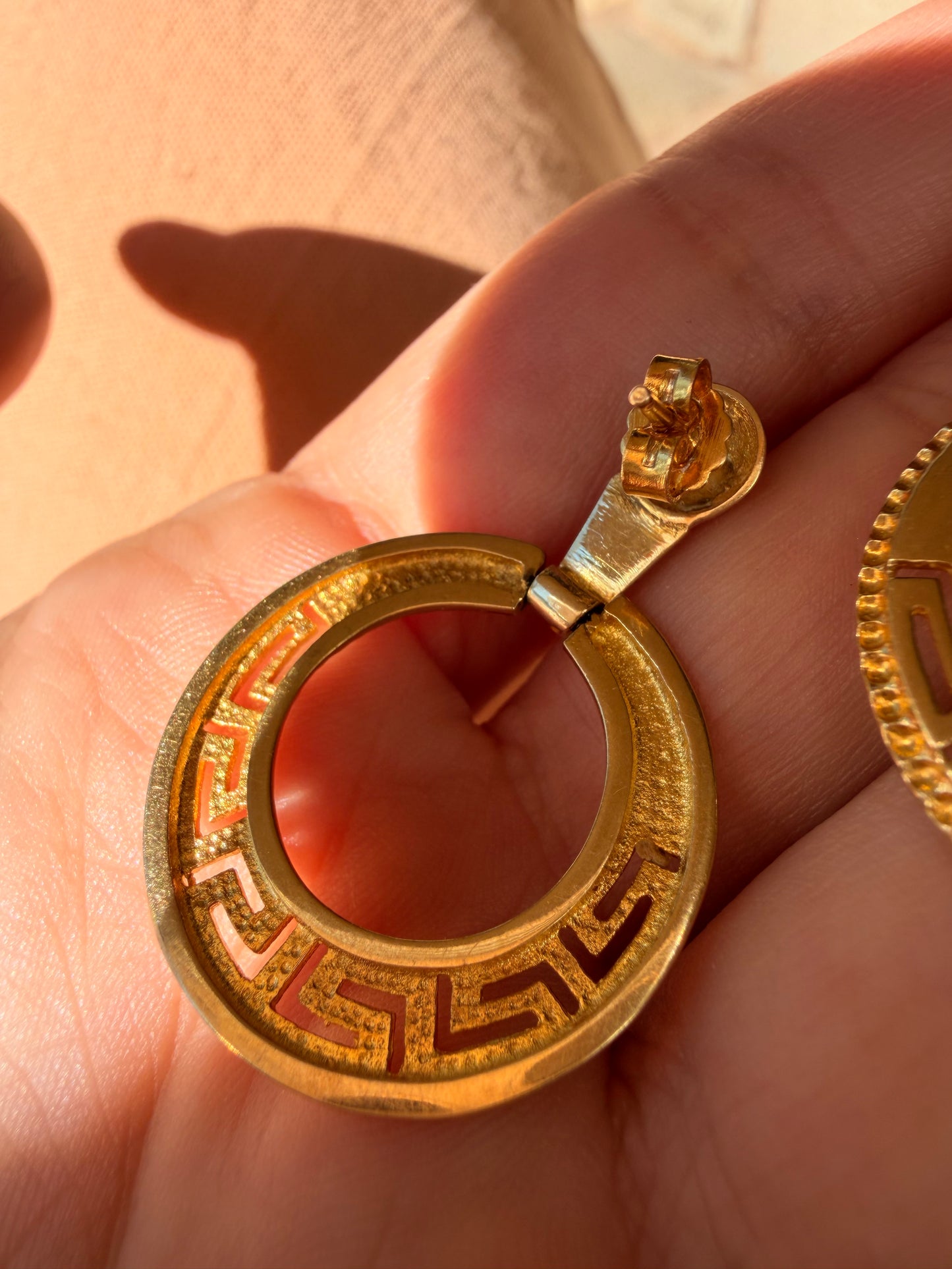 Vintage yellow 14K doorknocker Greek key post earrings