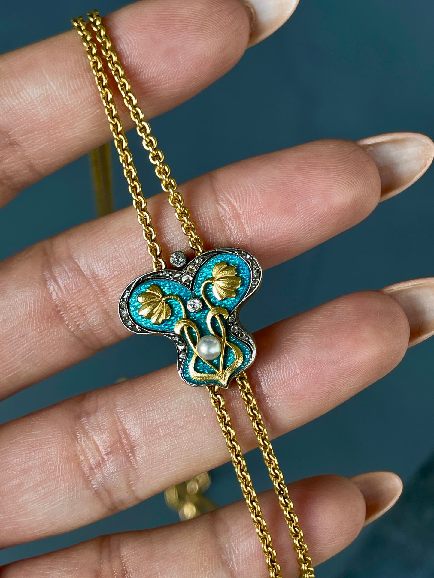 Antique 22K Art Nouveau longguard chain with 14K blue enamel butterfly slider with old mine cut diamonds, rose cut diamonds and pearl, with dog clip and bolt, 72 inch