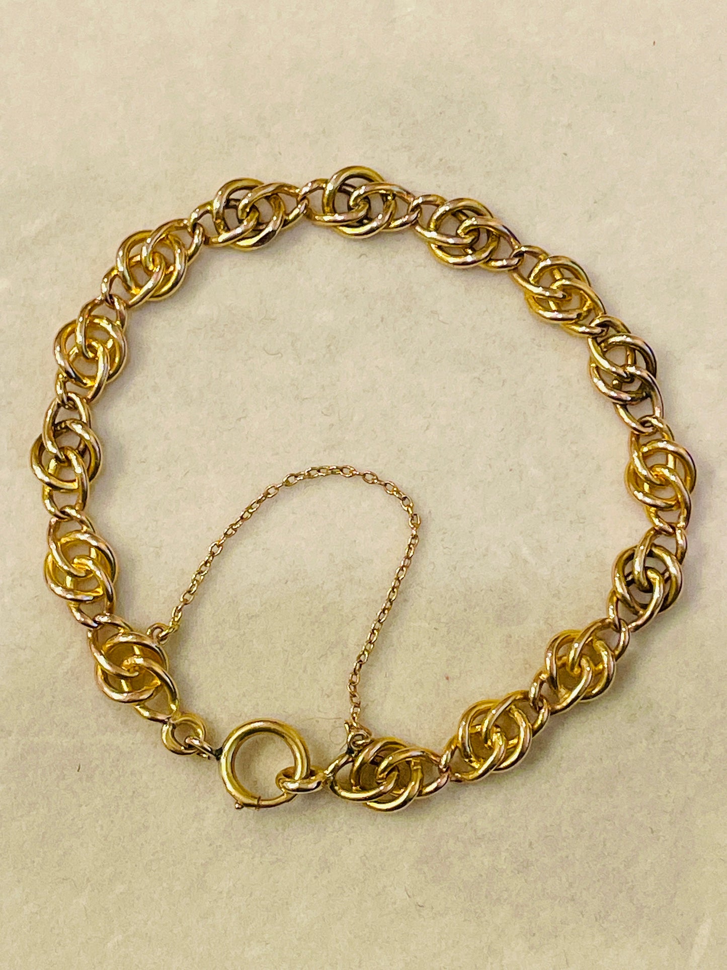 [PRIVATE] Vintage solid rose and yellow 18K gold love knot link bracelet with safety chain, 7.75 inch