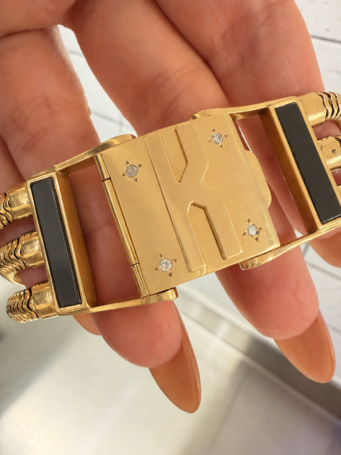 Vintage yellow 14K gold, onyx and diamond letter "K" triple snake chain bracelet, 6.75 inch fit