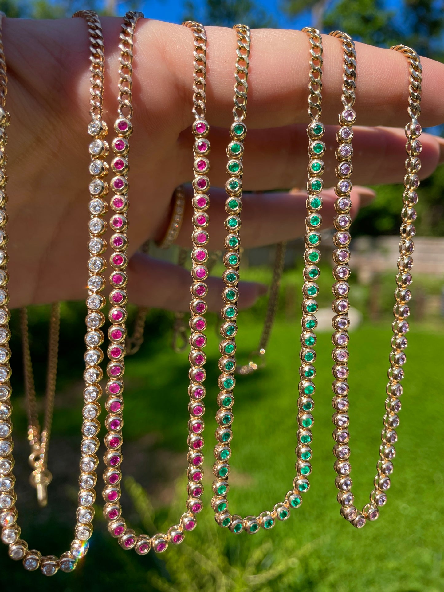 Original 3GOG yellow 14K gold approx 2 ctw emerald bubble watch chain necklace, 18 inch with shortening option