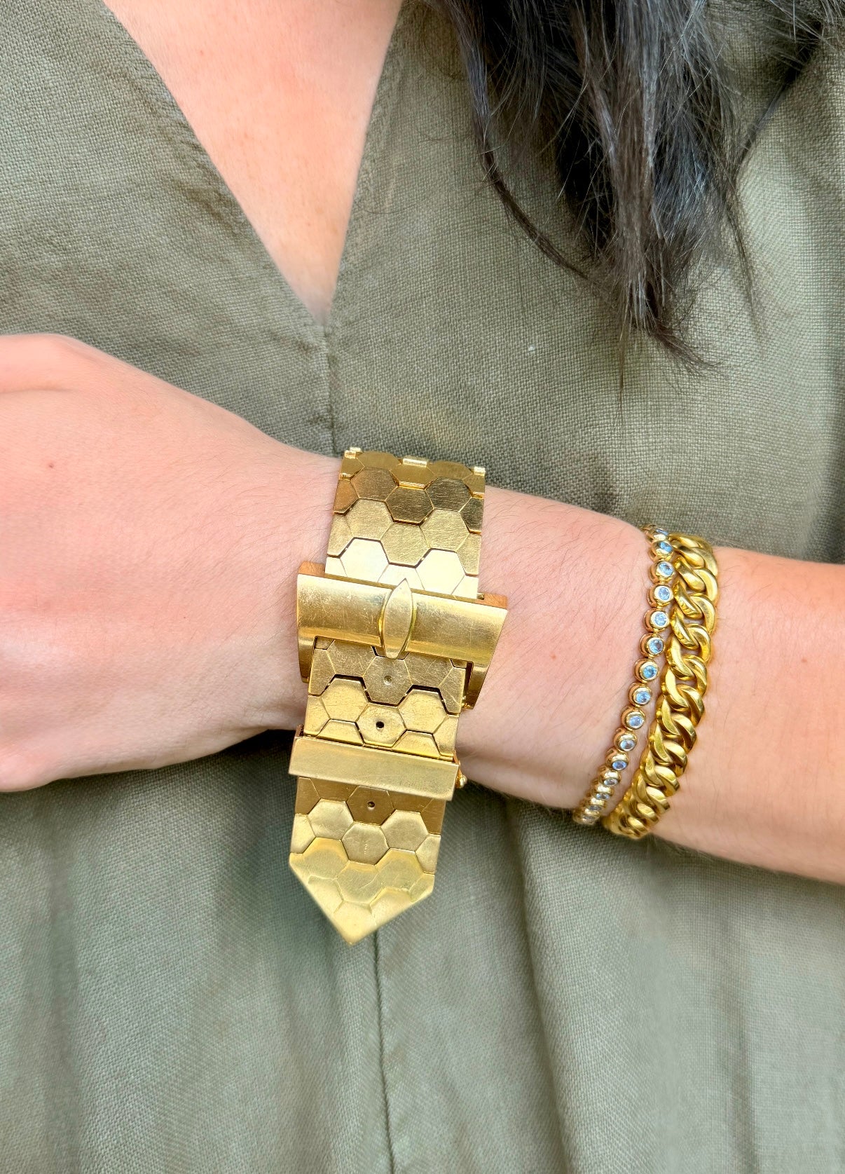 Vintage yellow 18K circa 1950s gold honeycomb adjustable belt bracelet