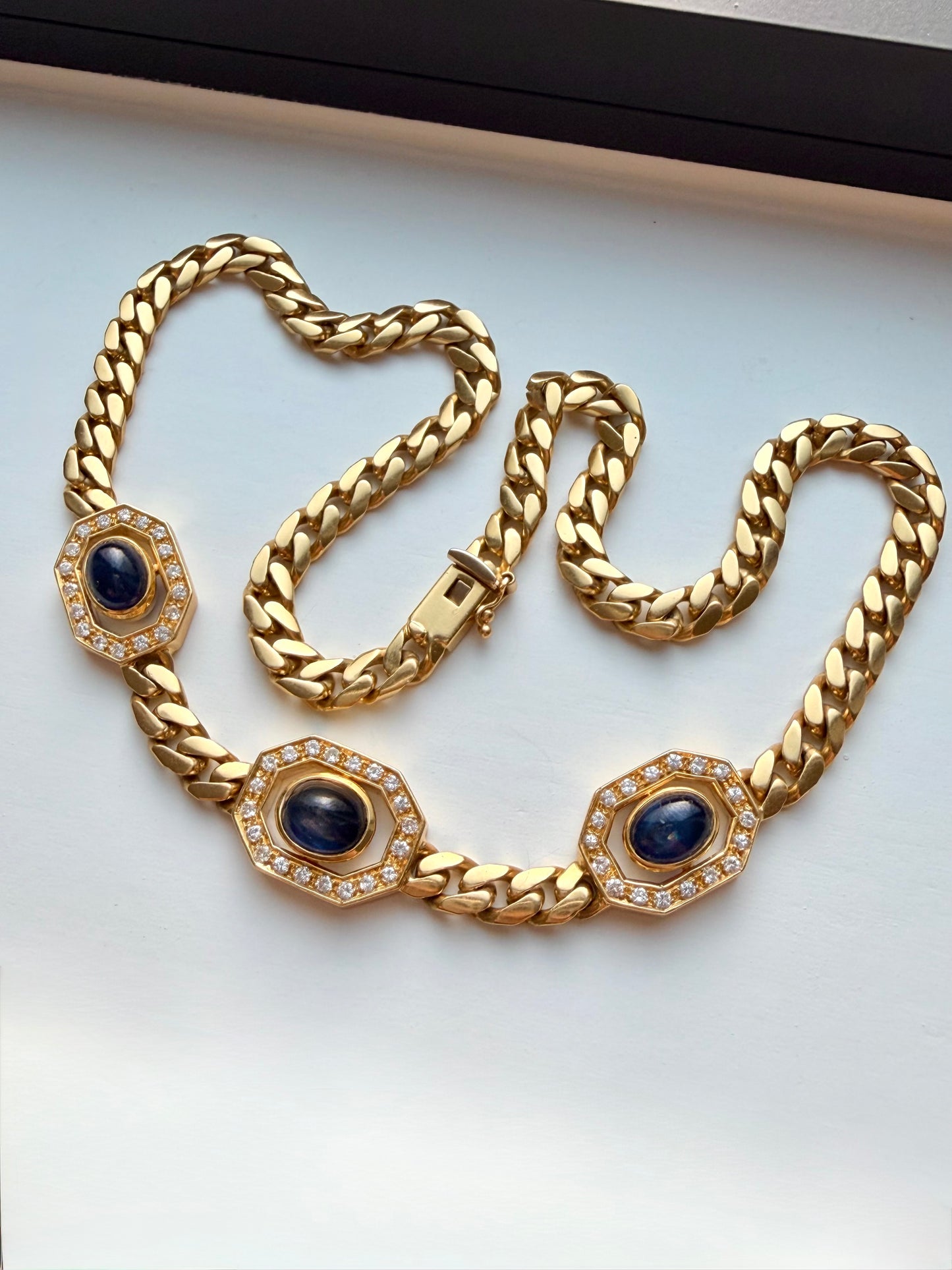 Vintage yellow 18K approx 4.5 ctw sapphire and .75 ctw diamond curb link statement necklace, 15.5 inch