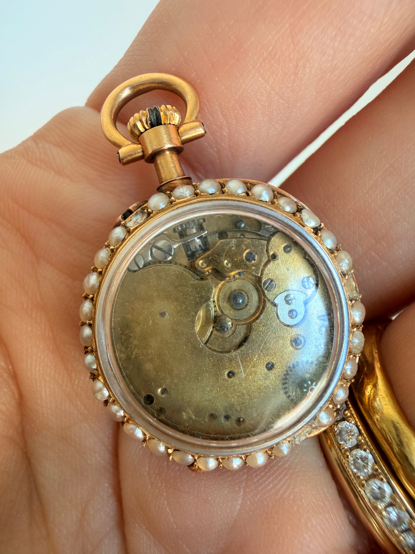Antique yellow 18K pearl and rose cut diamond ladies pocket watch case pendant