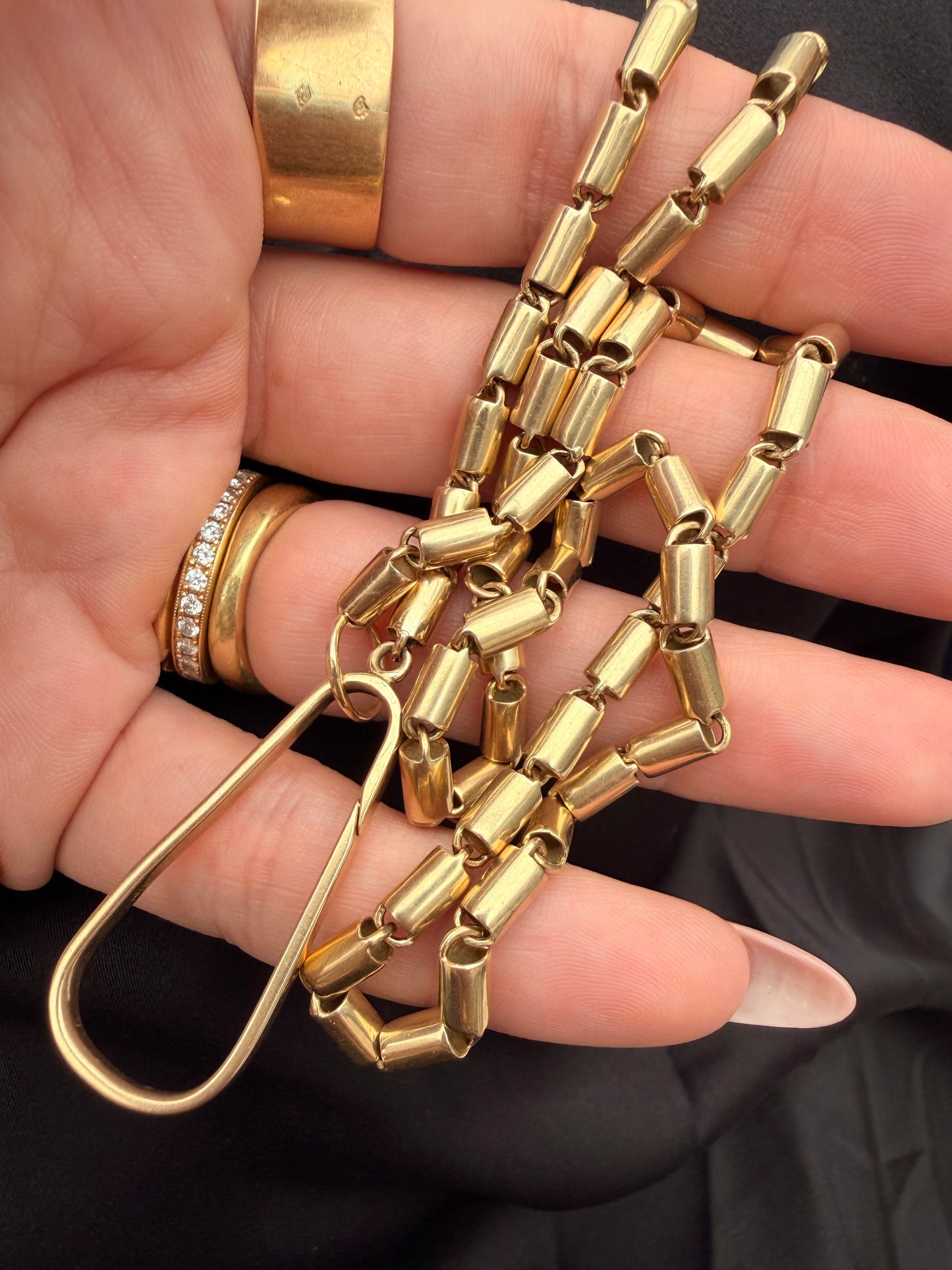 Vintage yellow 14K cylindrical link watch chain with large clip clasp, 18 and 7/8 inch