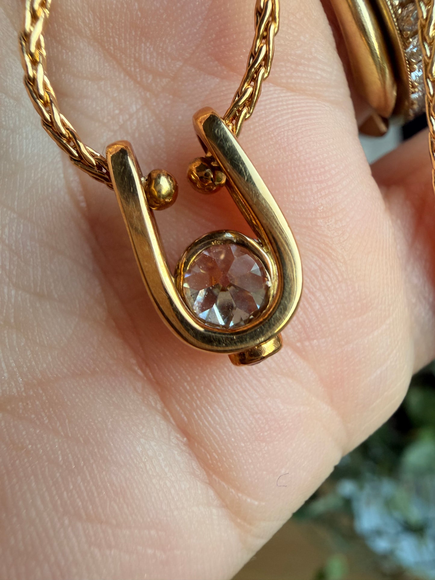 Vintage yellow 18K wheat chain with 1.05 ctw Old European Cut Diamond U pendant with ruby, 20 and 3/8 inch