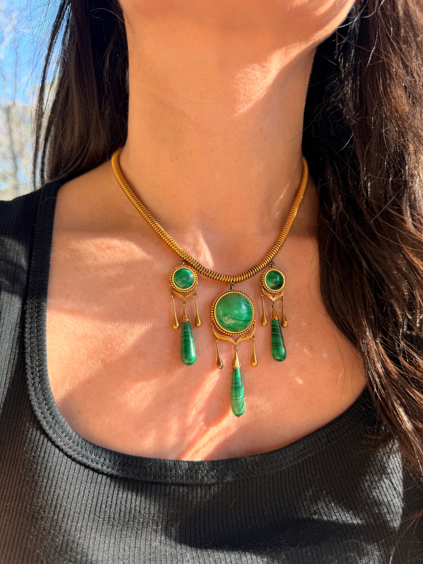 Antique yellow 18K tubogas malachite drop necklace, 16 and 1/8 inch