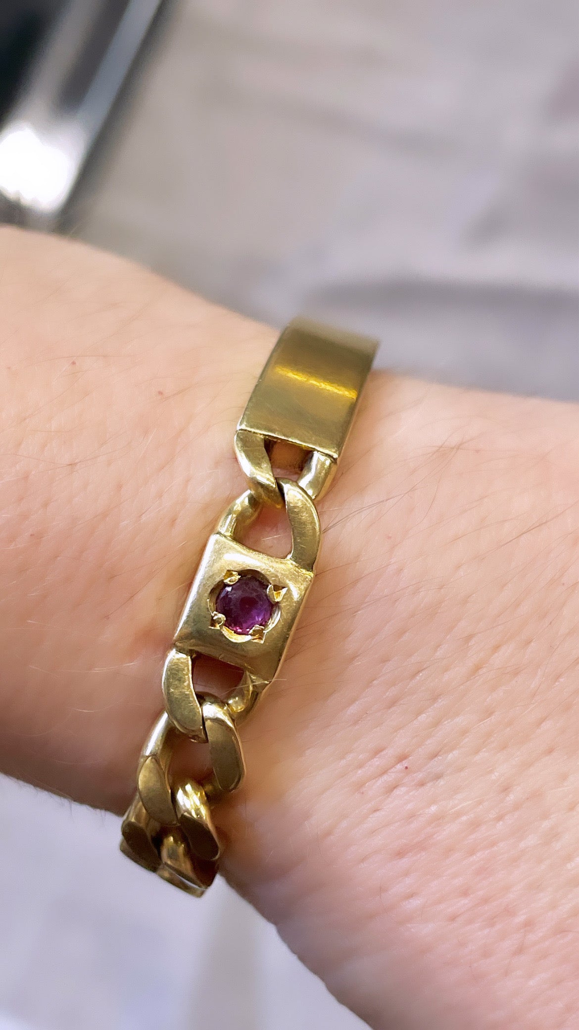 Vintage yellow 18K solid curb link ID bracelet with natural rubies, 8 and 1/8 inch