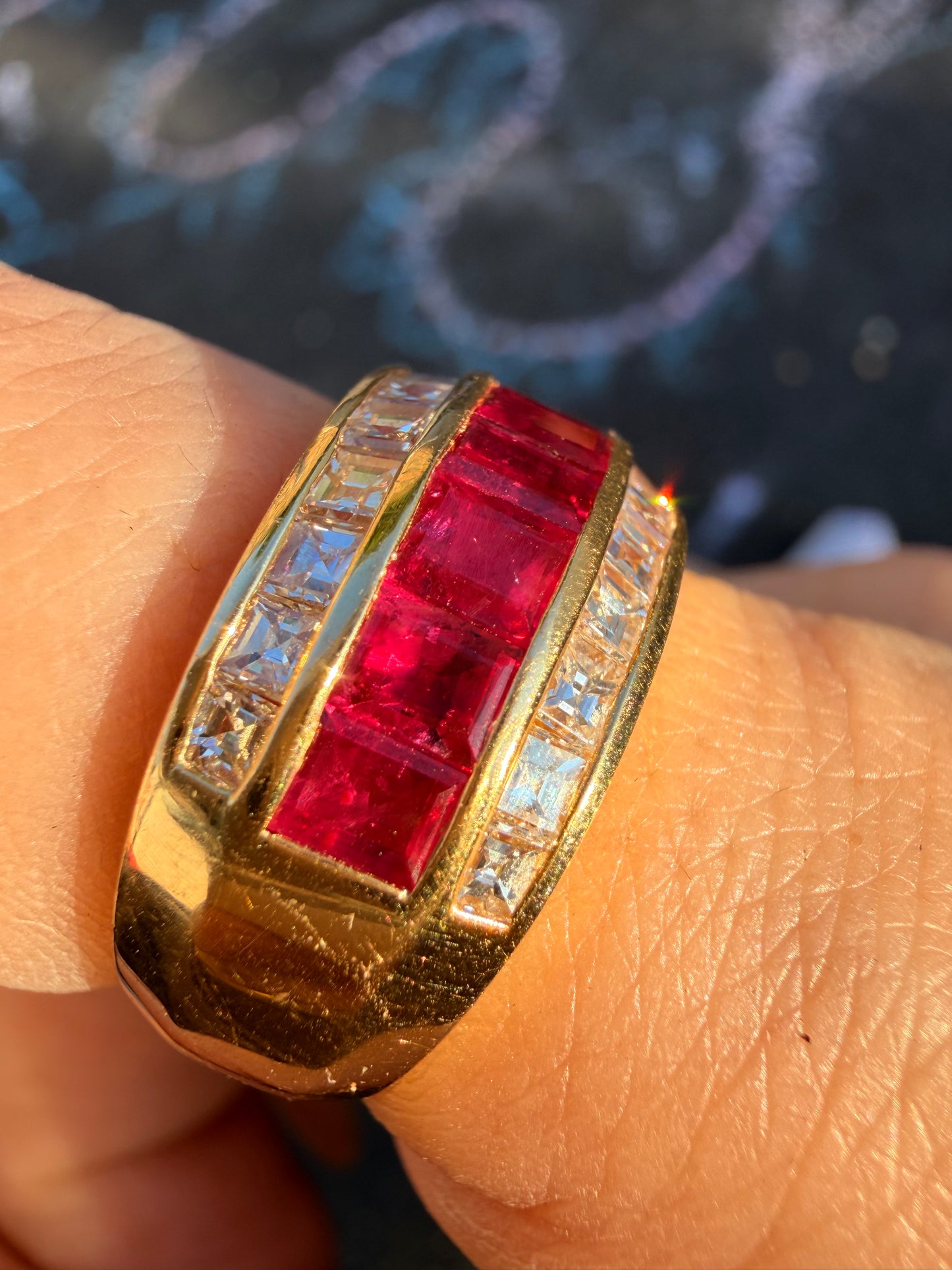 Vintage yellow 18K square cut 2ctw natural ruby and 1.3ctw square step cut diamond wide ring, size 8-8.25