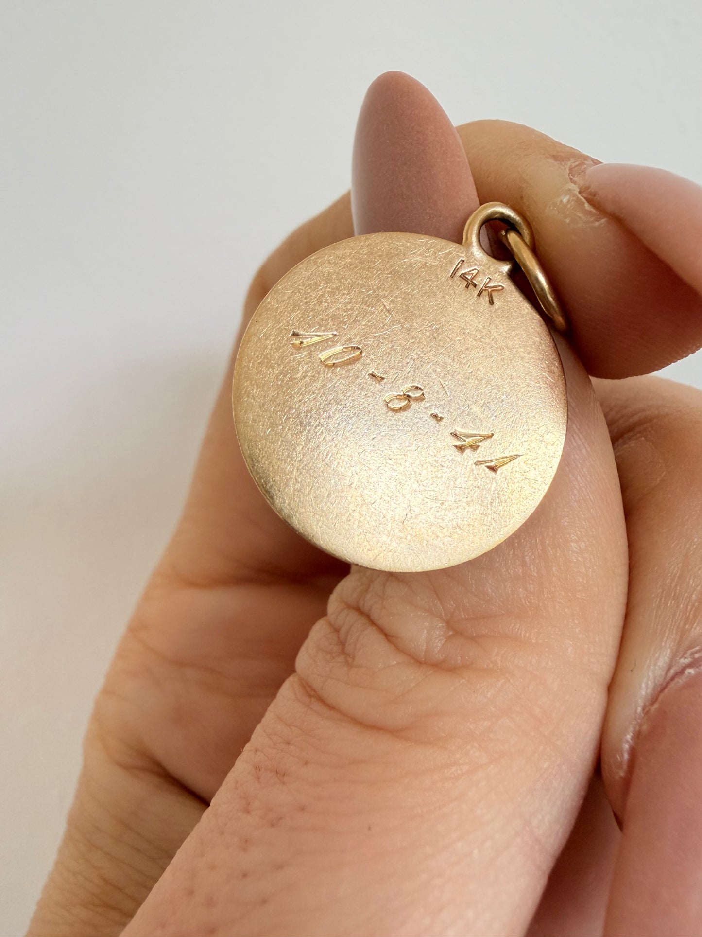 Vintage yellow 14K gold hand engraved name pendants
