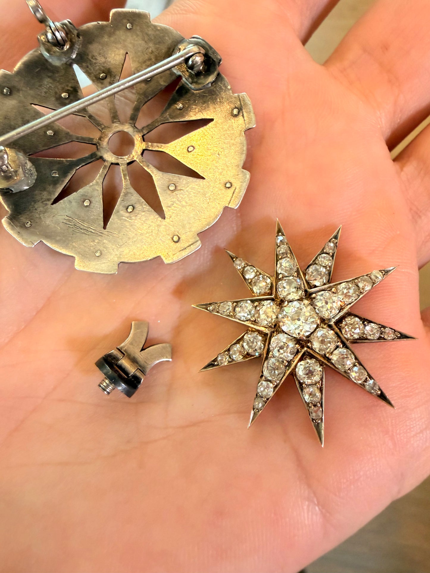 Antique 14K gold and silver approx 2 ctw Old Mine Cut diamond star and 3.5 ctw ruby and pearl convertible brooch pendant