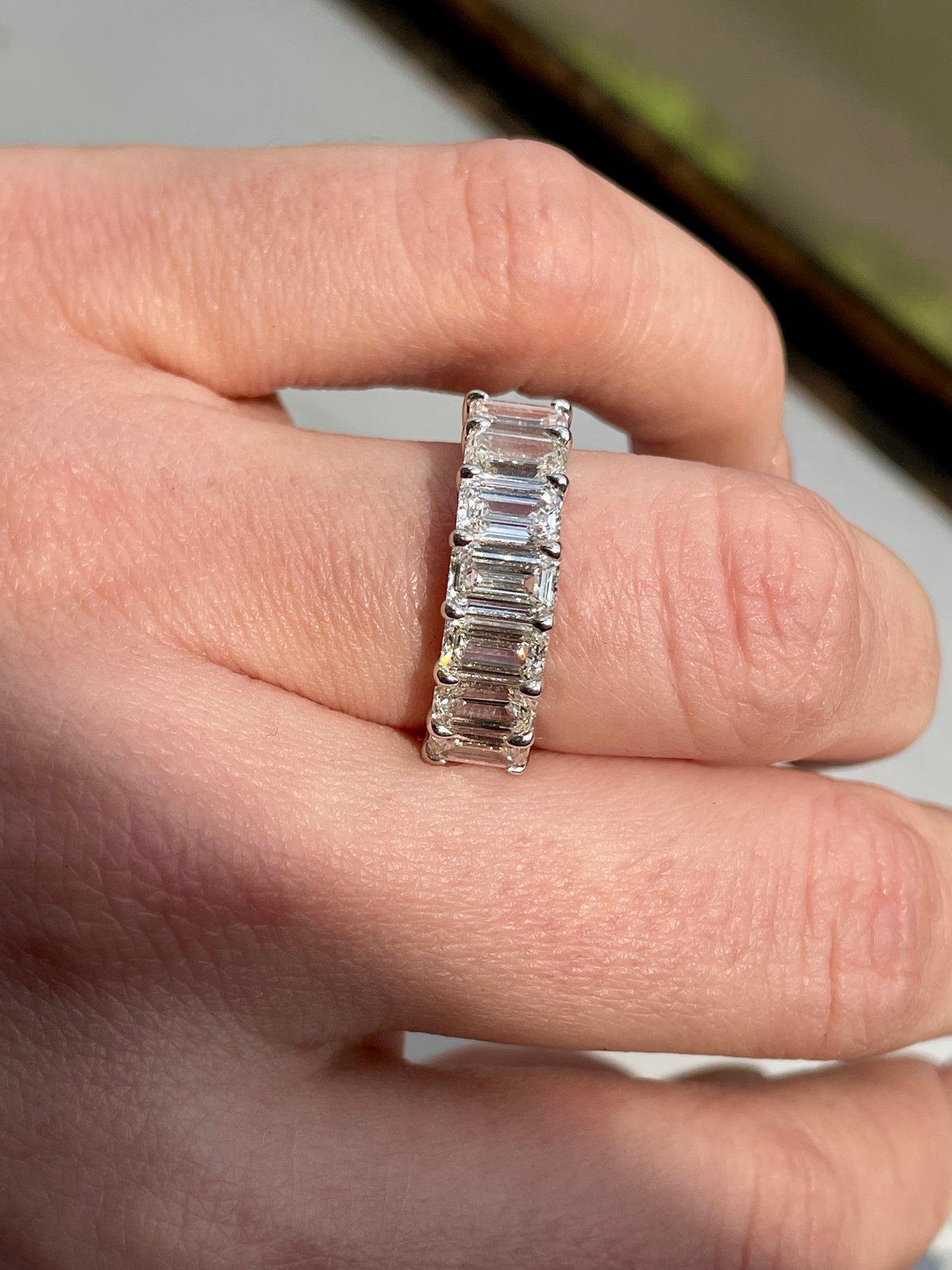 [PRIVATE] White 18K gold approx 3.69ctw emerald cut 7-stone diamond ring, size 6.5