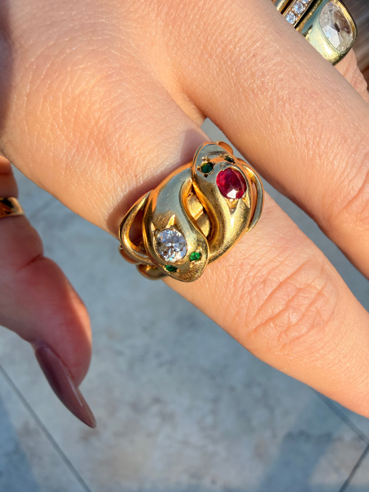 Antique 18K double snake ring with old mine cut diamond, ruby and emeralds, size 11.5