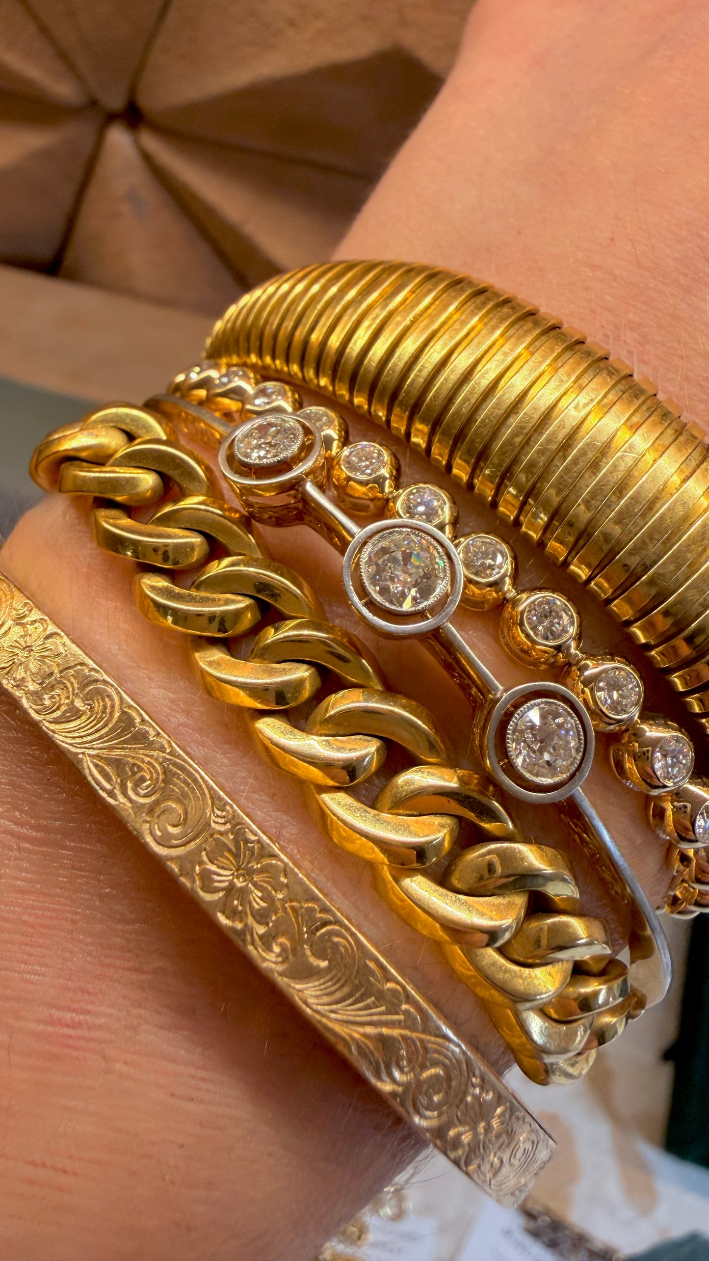 Antique yellow 14K and platinum 1.5ctw Old Mine Cut Diamond 3 stone bangle, 7 inch