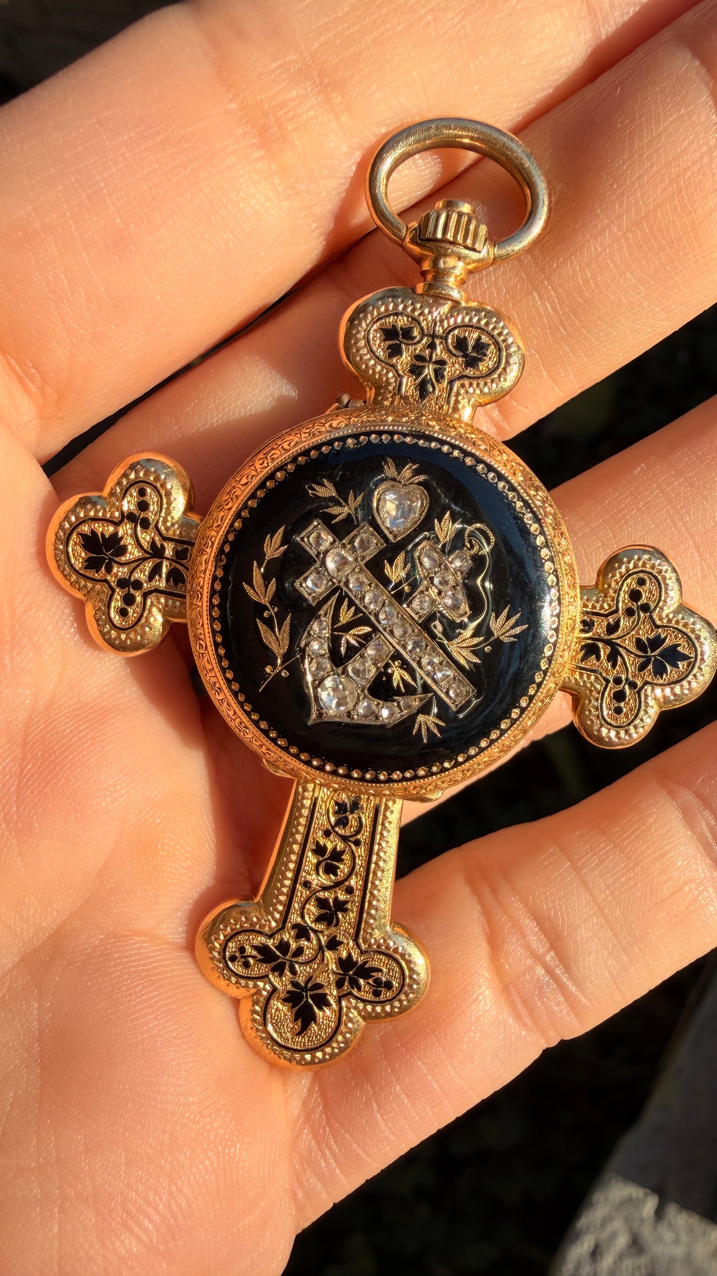 Antique Victorian yellow 18K symbolic cross watch pendant with rose cut diamonds and enamel