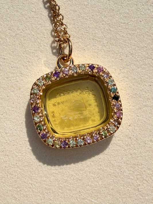 Antique 18K intaglio set in custom yellow 18K tourmaline border pendant by Bauble Magpie