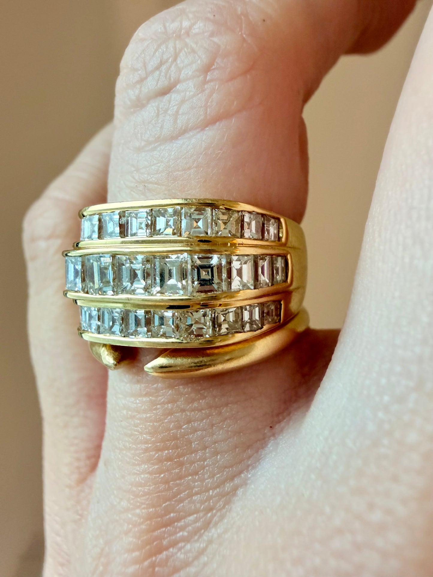 Vintage yellow 18K gold 2.2 ctw step cut diamond triple row band, size 6.25