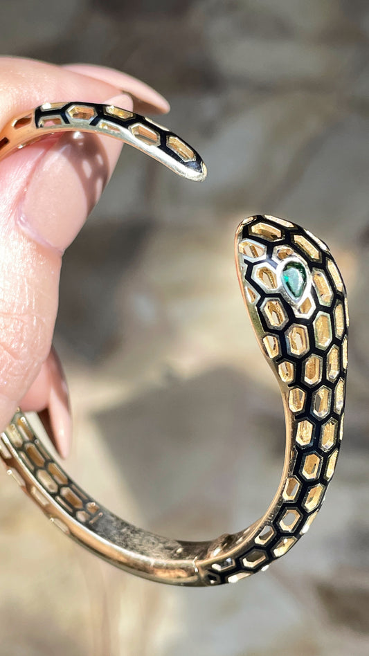 Yellow 14K black enamel and emerald snake hinge bangle