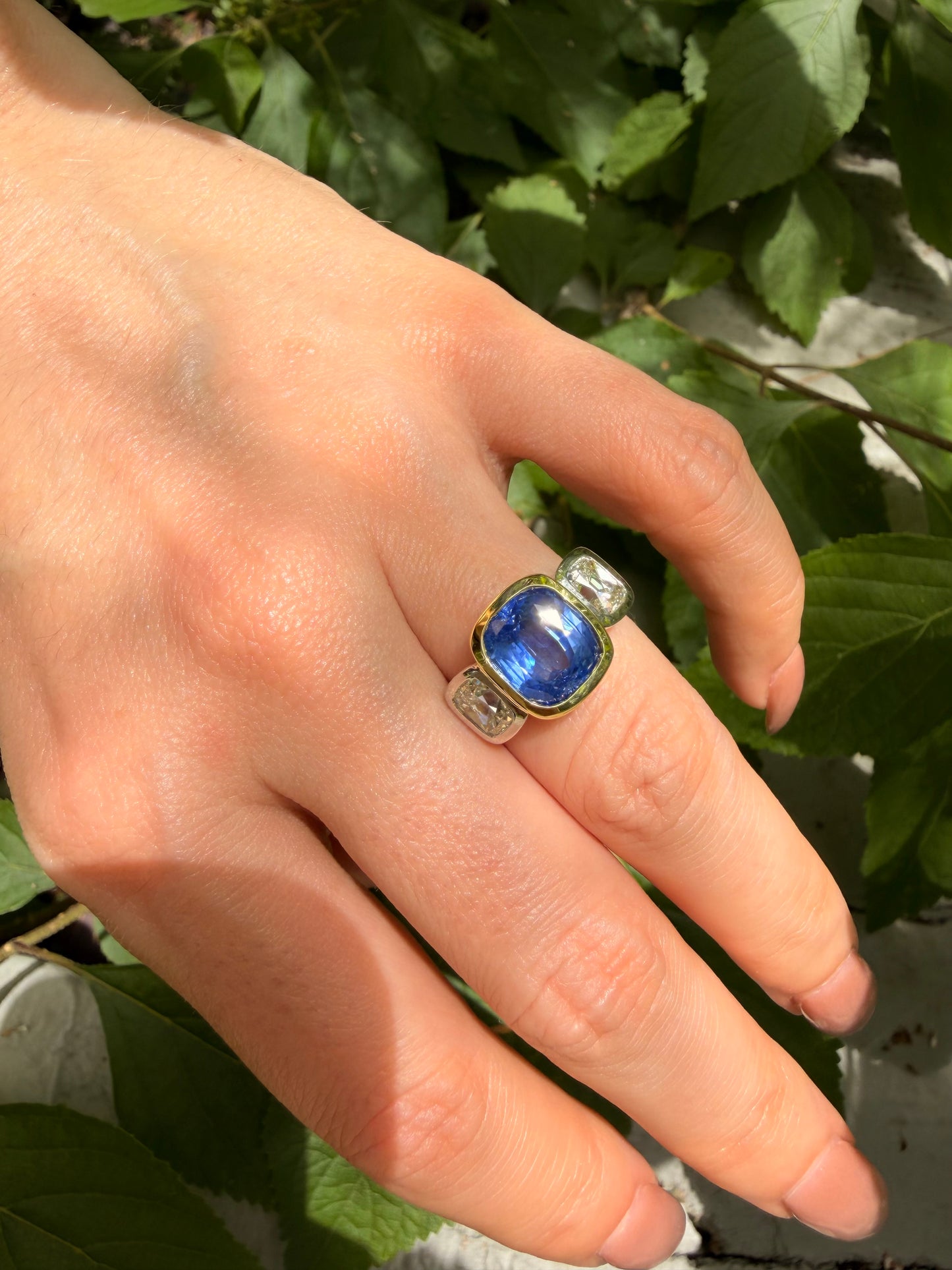 Vintage yellow 18K and platinum unheated over 5.6ctw GIA Ceylon Sapphire and 1.8ctw antique old mine cut cushion ring, size 7