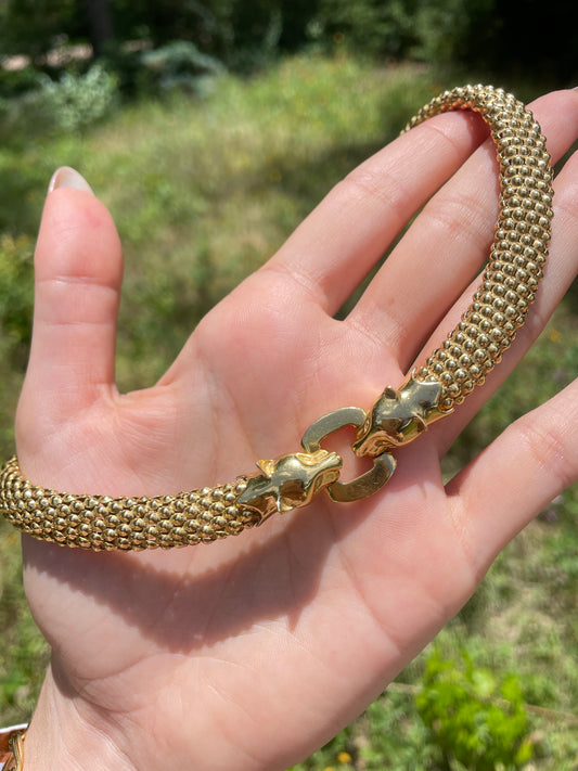 Vintage yellow 18K Riccardo Masella designer Panther clasp bead link collar necklace, 16 inch