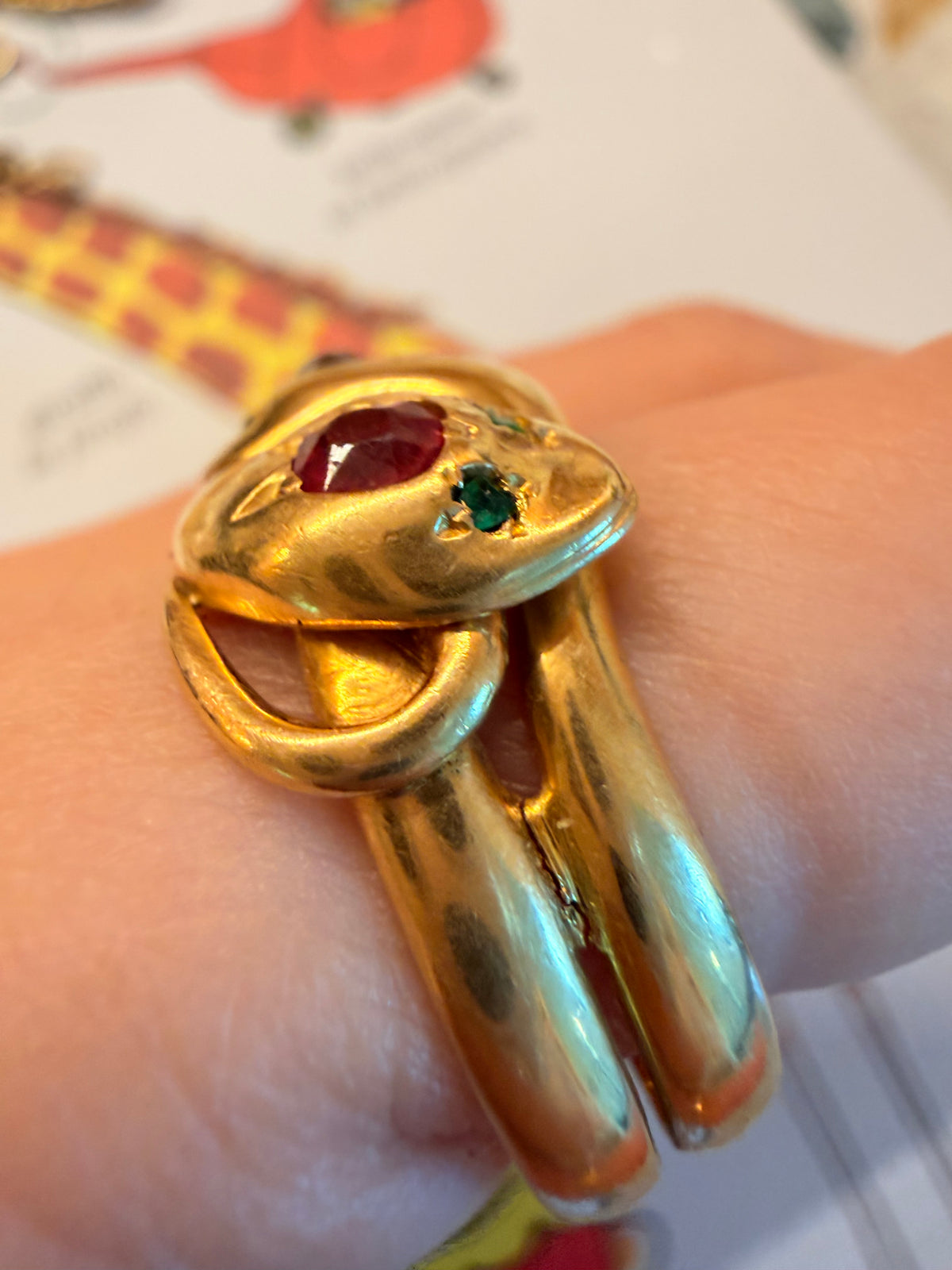 Antique 18K double snake ring with old mine cut diamond, ruby and emeralds, size 11.5