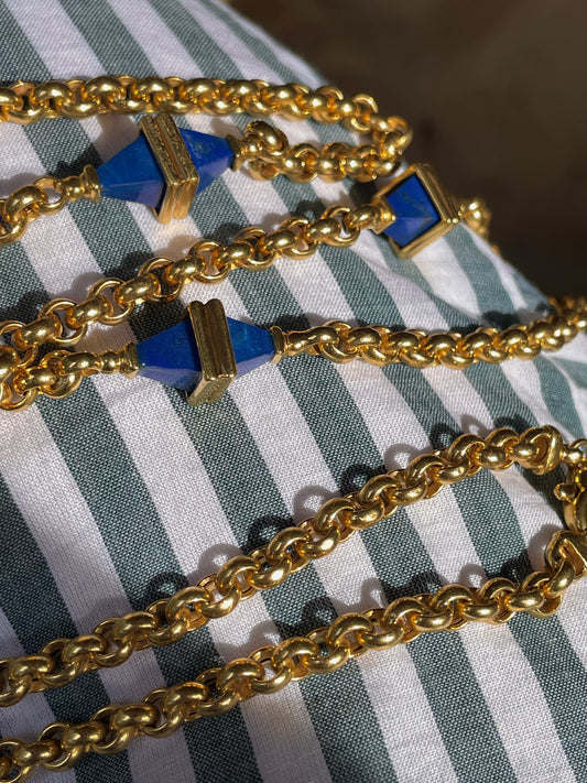 Vintage yellow 18K gold and lapis stations rolo chain, 31.5 inch