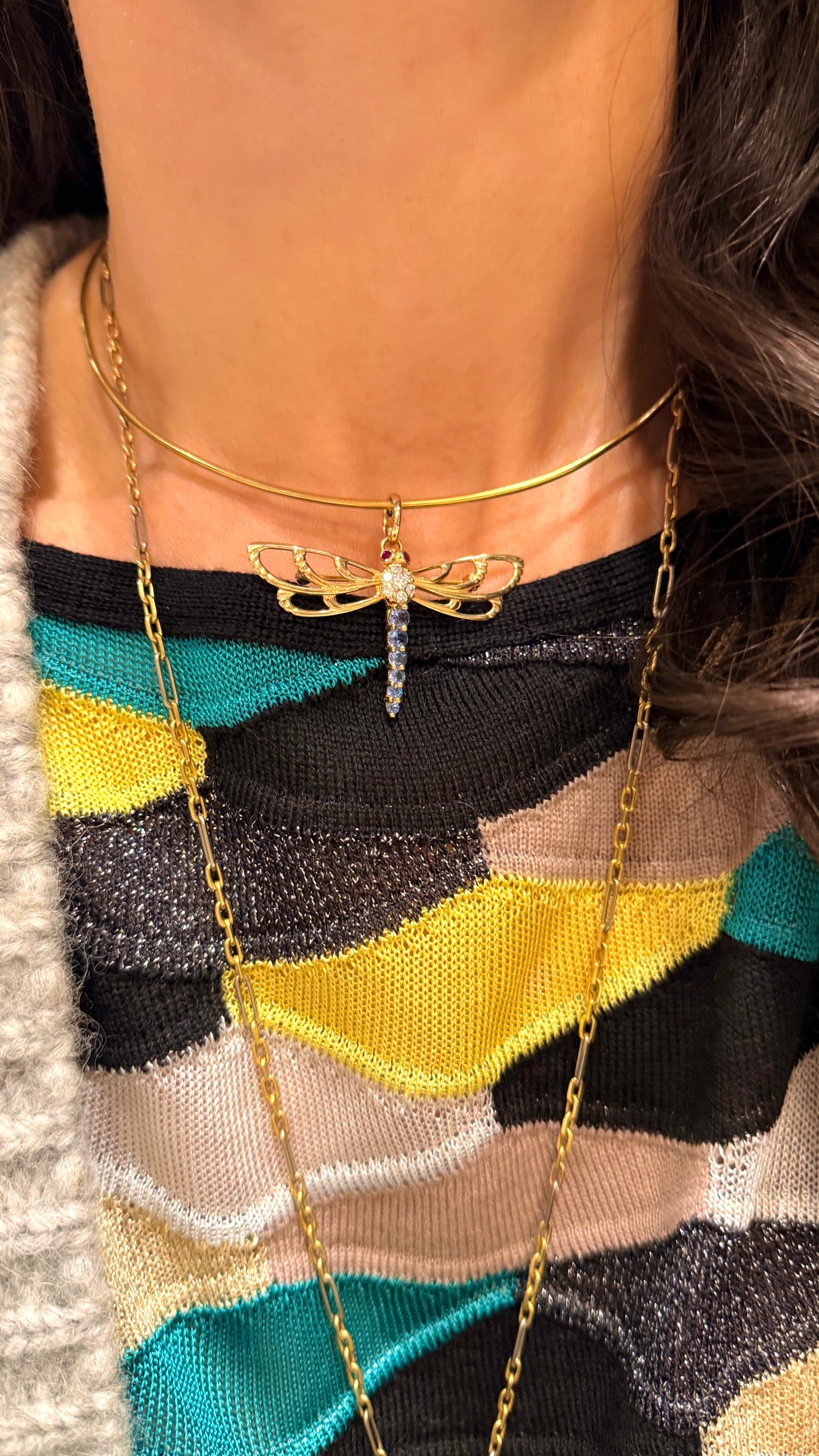 Vintage yellow 14K approx .35 ctw sapphire, ruby and .11 ctw diamond dragonfly pendant pin