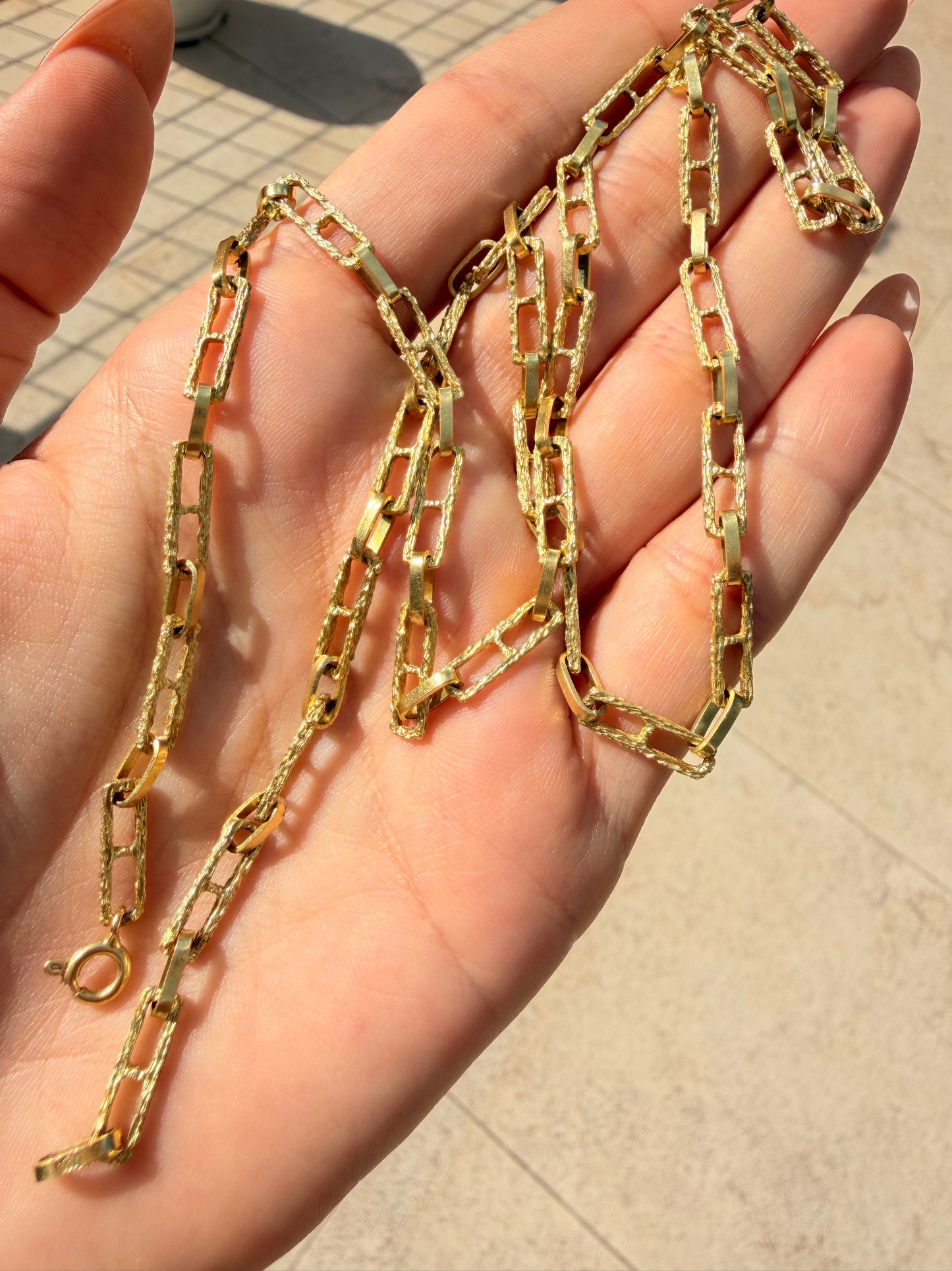 Vintage yellow 18K textured geometric chain, 24 and 3/8 inch