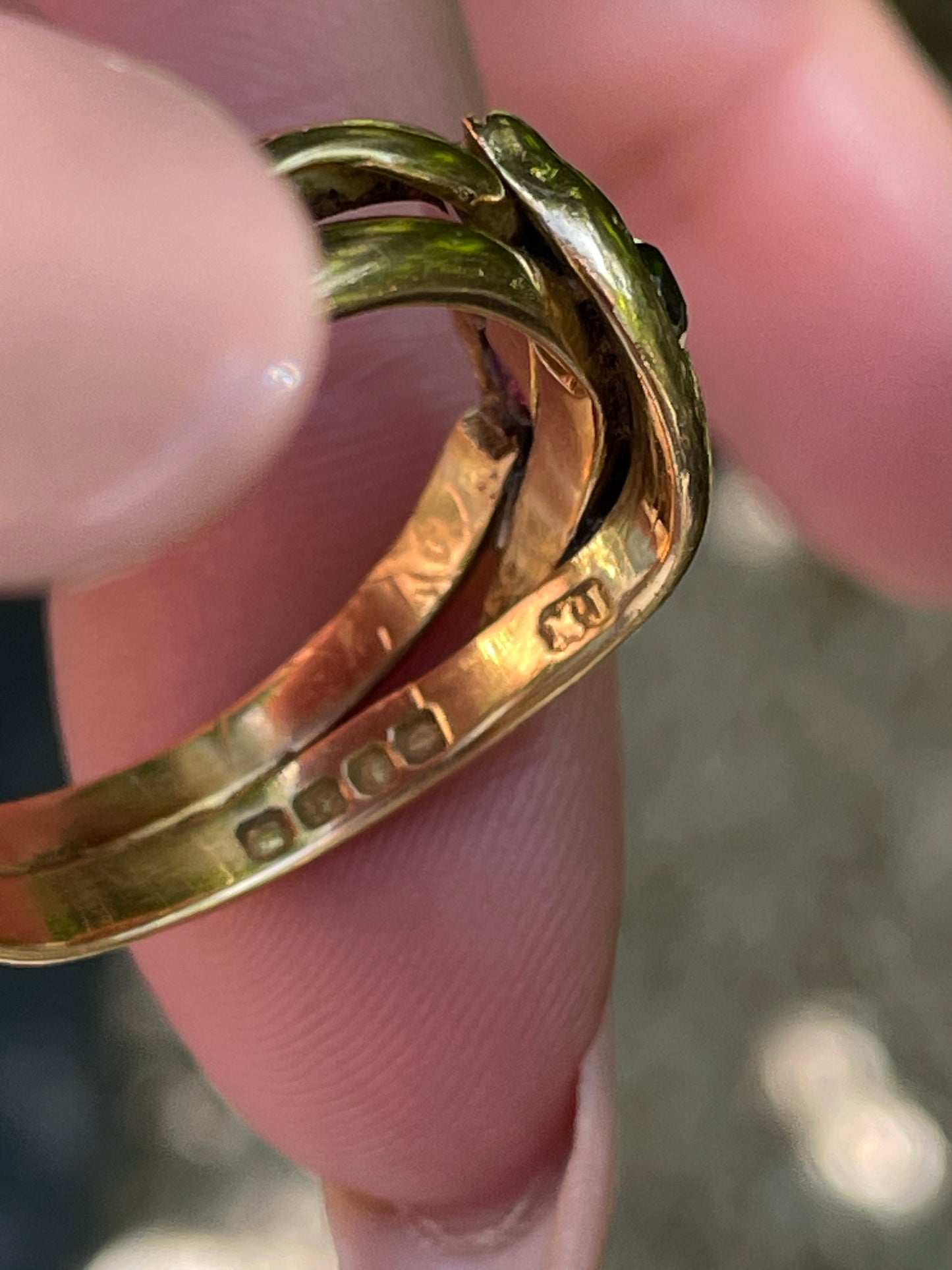 Antique Victorian yellow 18K pair of snakes ring with .25 ctw old mine cut diamond and .35 ctw ruby, size 11