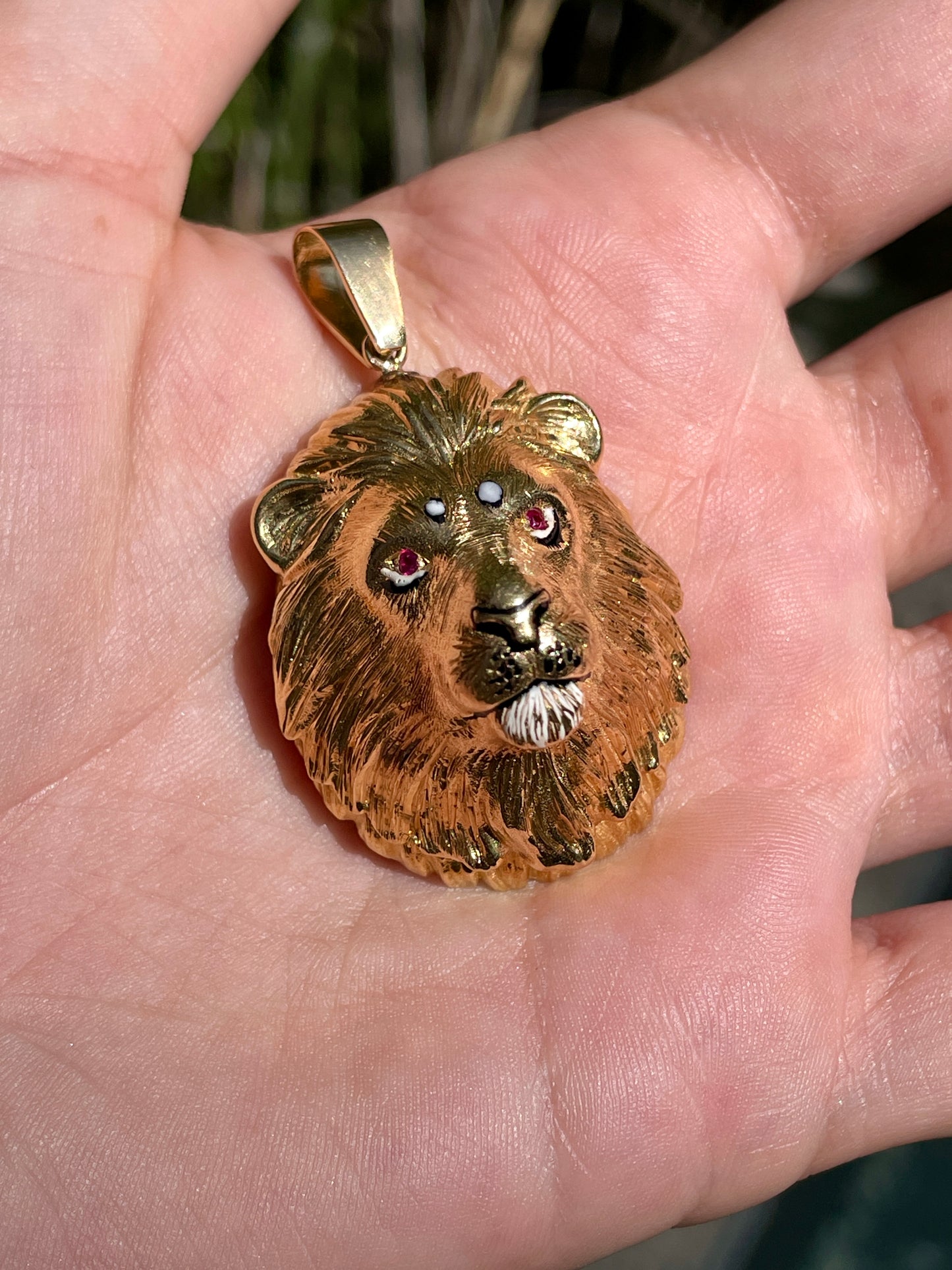 Vintage yellow 18K Lion statement pendant with enamel and ruby eyes