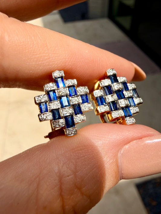 Vintage 18K sapphire and diamond checkerboard convertible omega back earrings