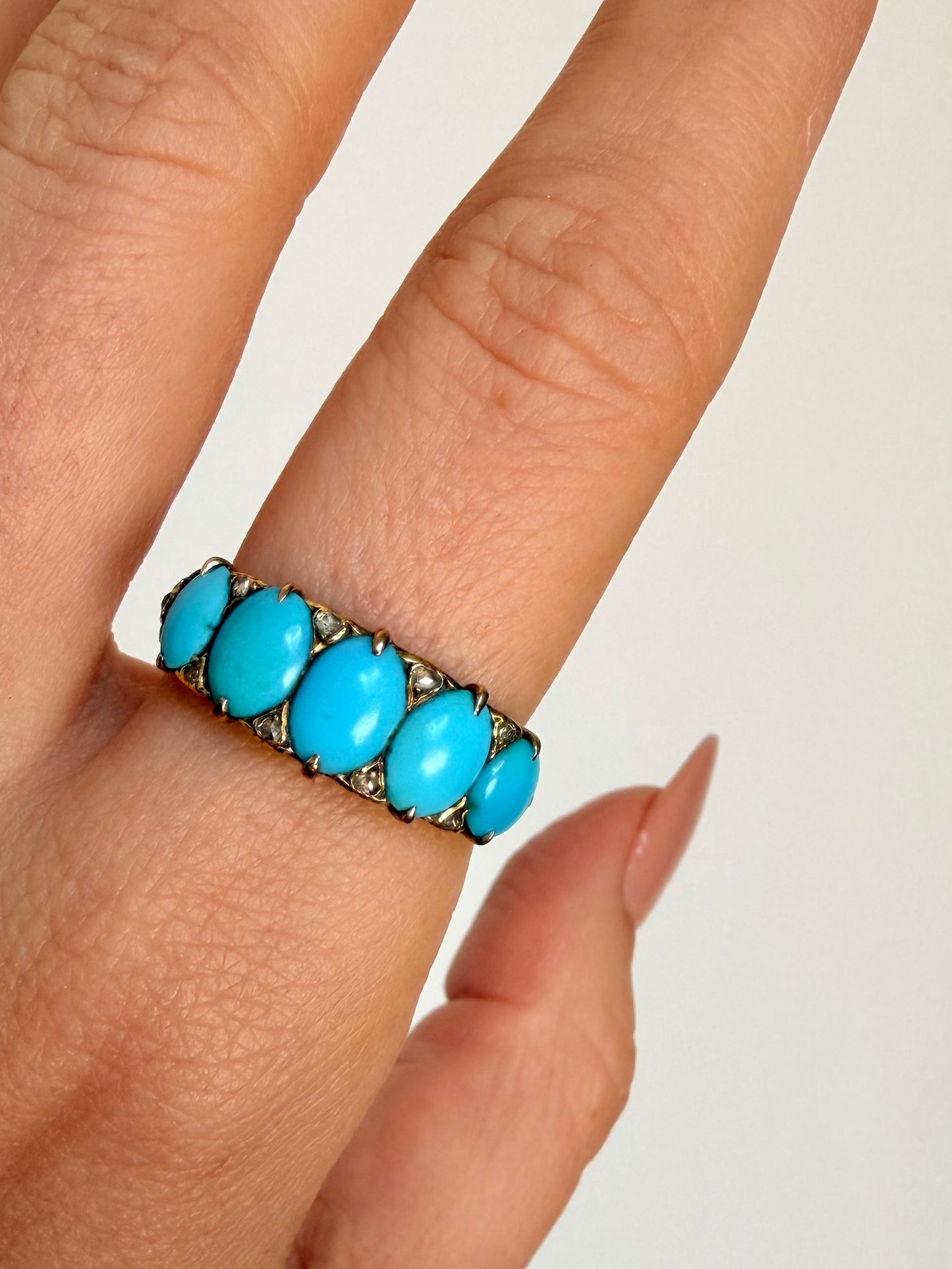 Antique 18K 5-stone Persian turquoise and rose cut diamond ring, size 7.75