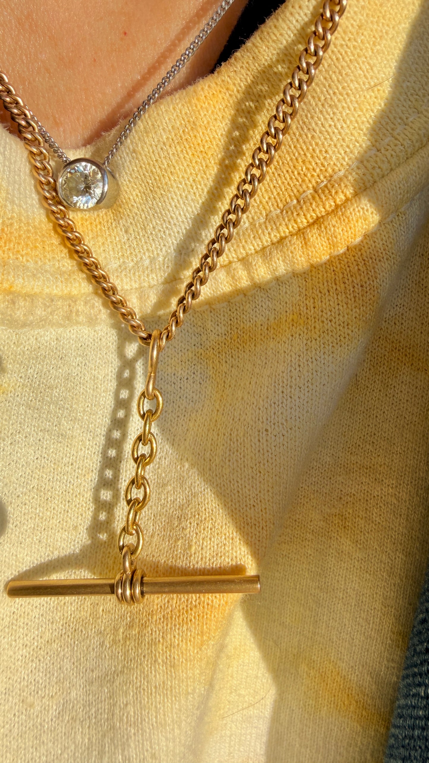 Antique yellow 14K round curb watch chain, 17.75 inch with movable T bar dangle