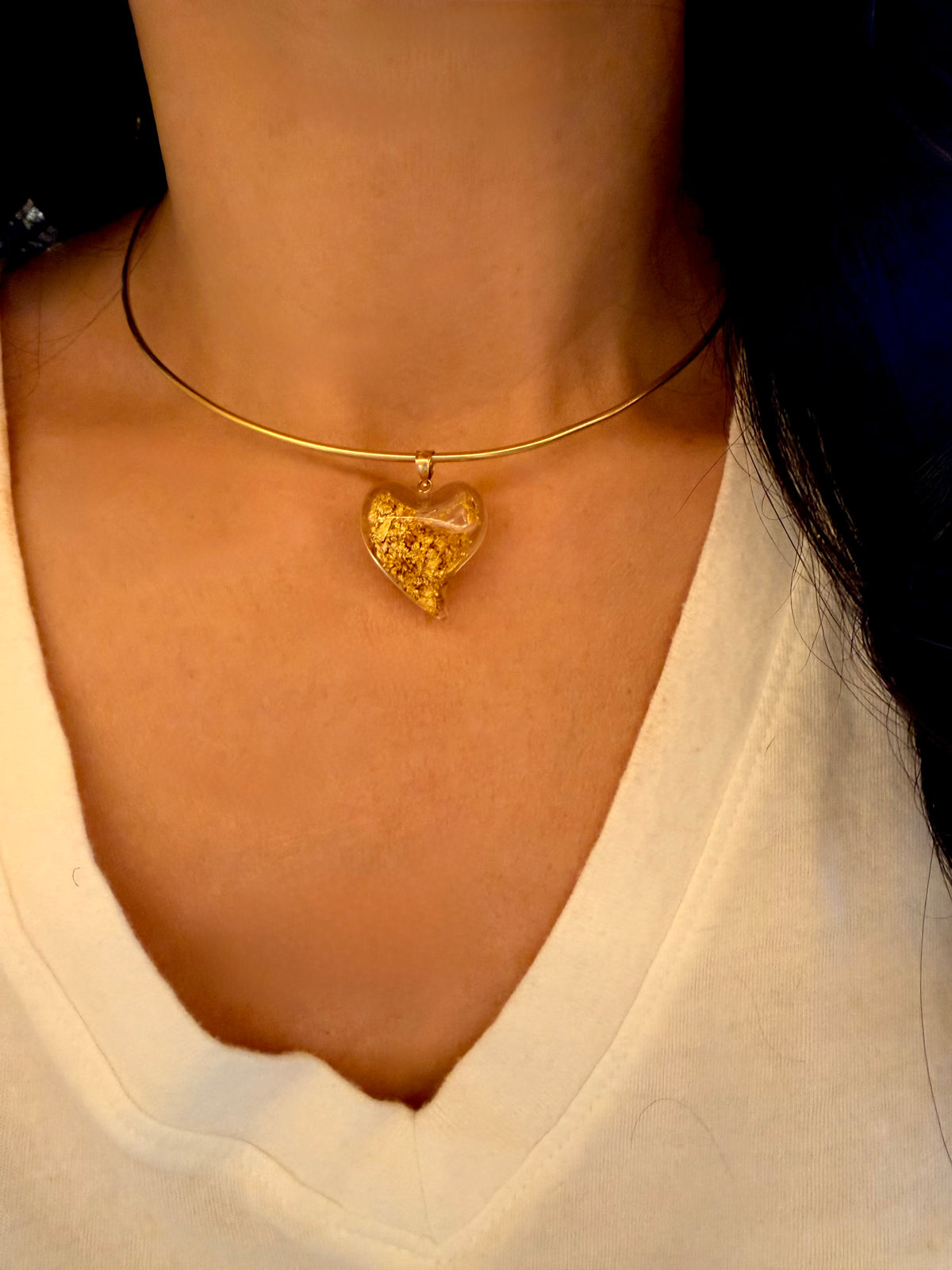 Vintage 14K pure gold flakes in oil heart pendant