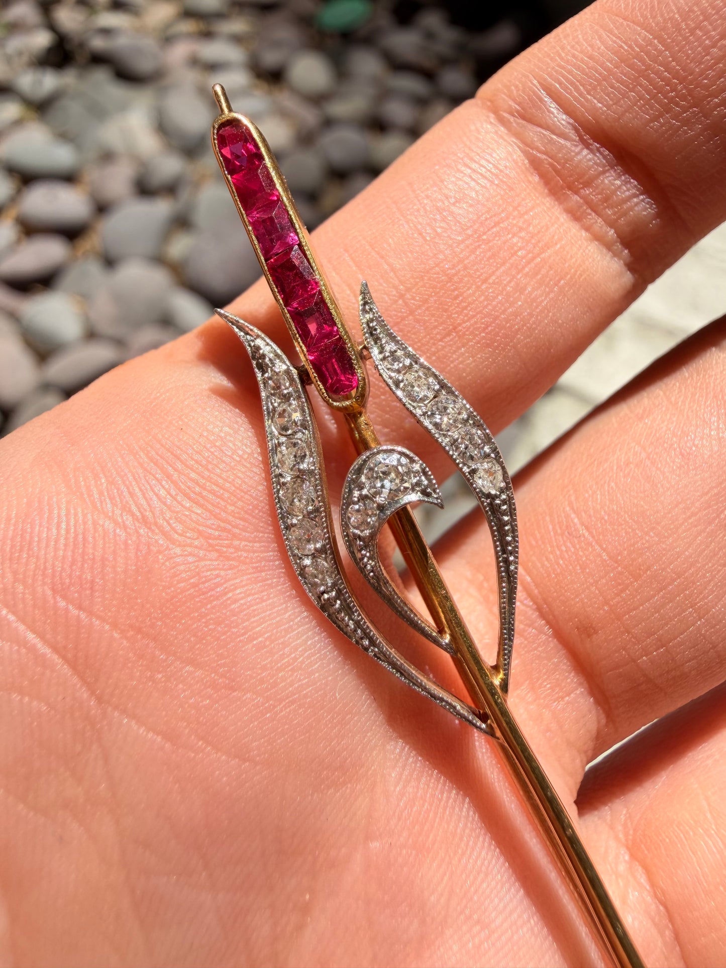 Vintage French 18K ruby and old cut Diamond cattail brooch