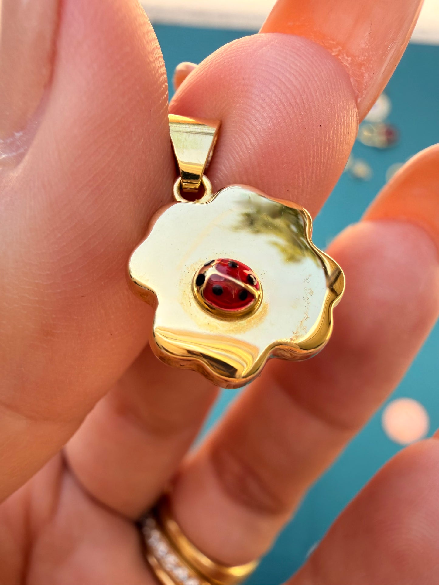 Vintage yellow 18K gold ladybug and clover enamel charm