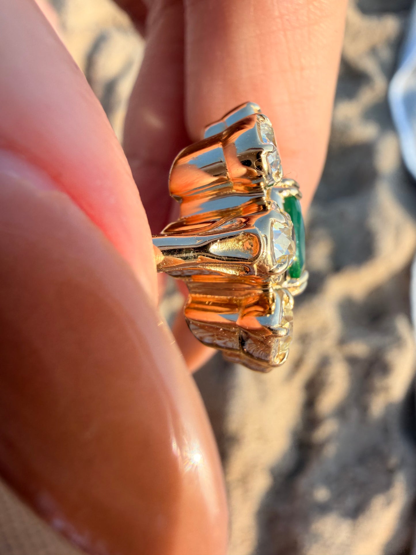 Yellow 18K approx 3.5ctw antique old mine cut diamond halo ring with 3.75ctw natural emerald, size 6.5