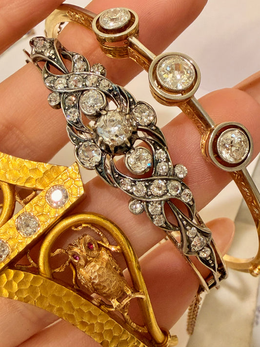 Antique 14K and silver over 2ctw Old Mine and Old Cut Diamond Hinge bangle