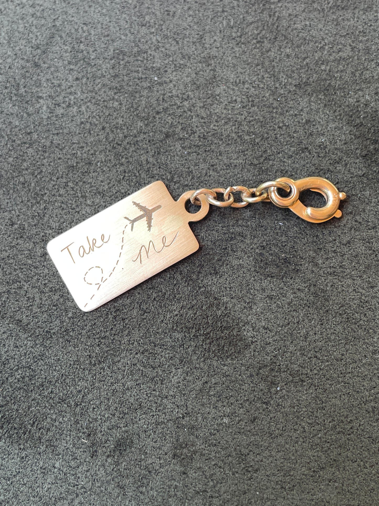 Vintage yellow 14K hand engraved Take Me With You airline tag pendant